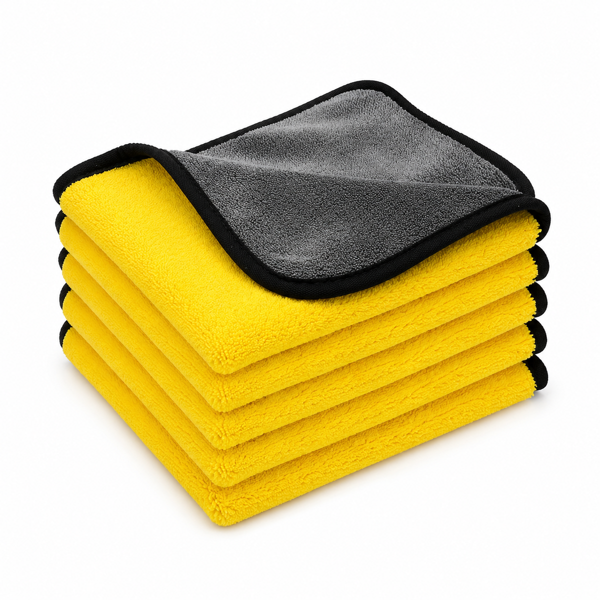 Stack of yellow and gray microfiber cloths on a white background