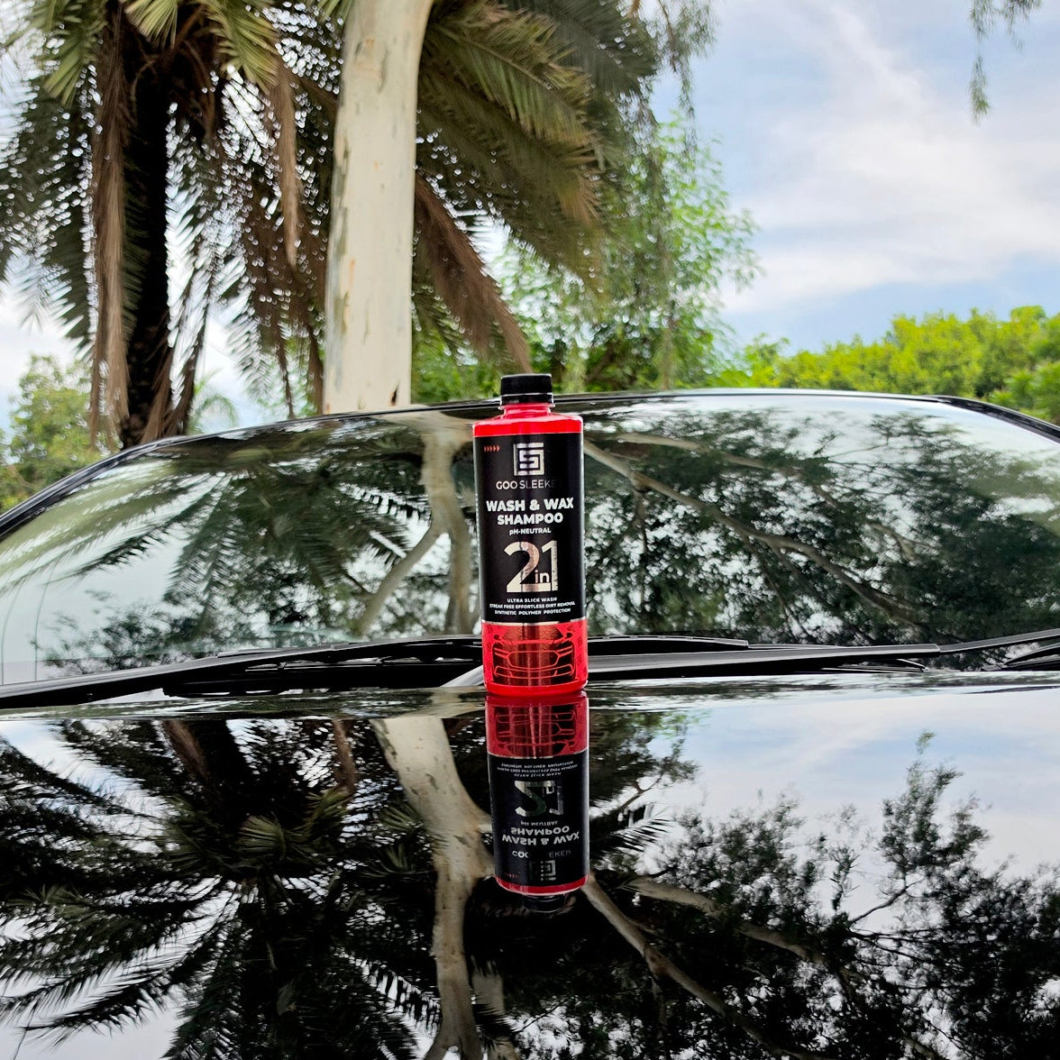 A bottle of 2 in 1 Wash & Shine car wash product standing on the windshield of a black car, with palm trees and a cloudy sky reflected in the wet surface.