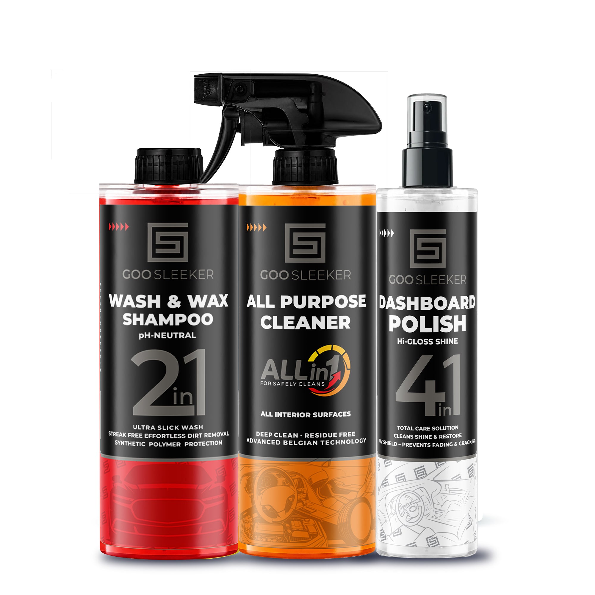 Complete Interior & Exterior Care Kit – All Purpose Cleaner, Wash & Wax Shampoo & Dashboard Polish